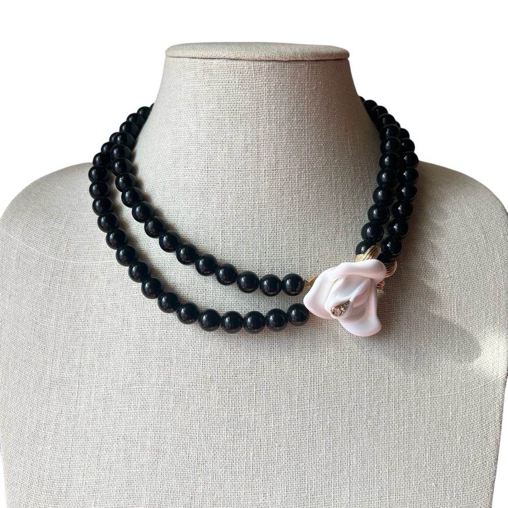 KJL for Avon Midnight Rose Black Beaded Necklace with White Rose Double Strand
